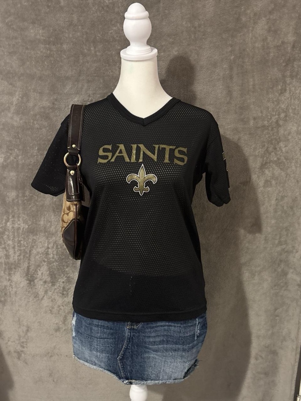 Vintage Black and Gold Mesh V Neck Saints Jersey